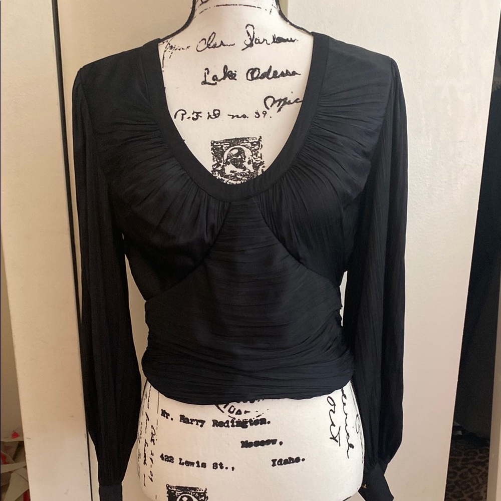 Anthropologie Black Ruched Fitted Long Sleeve Blouse